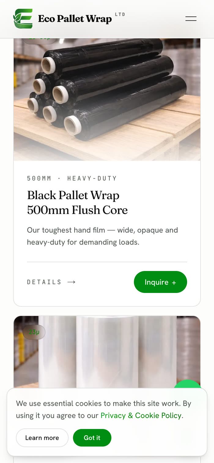 Eco Pallet Wrap sur mobile, plus bas