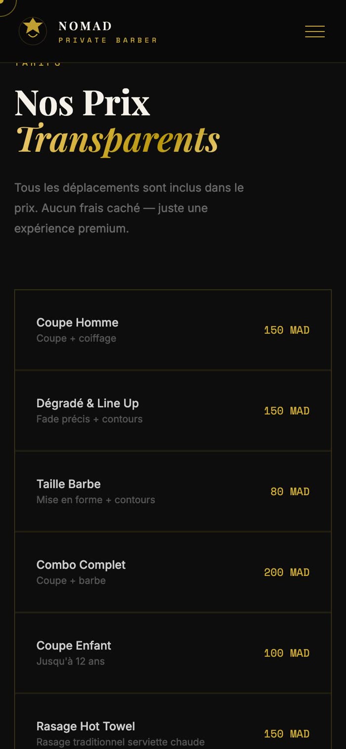 Nomad Private Barber sur mobile, plus bas